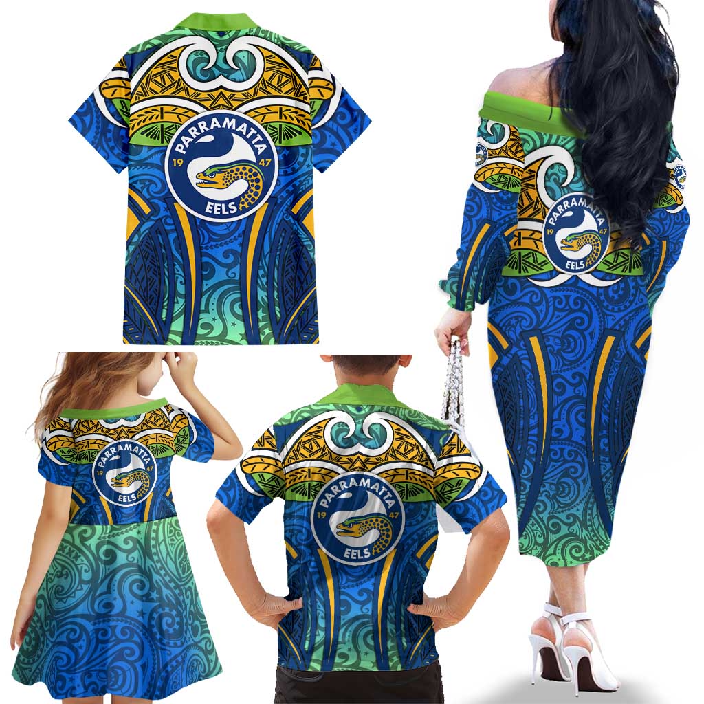 Parramatta Eels Rugby Family Matching Off The Shoulder Long Sleeve Dress and Hawaiian Shirt Polynesian Tribal Eel Warrior Blue Gold Pattern