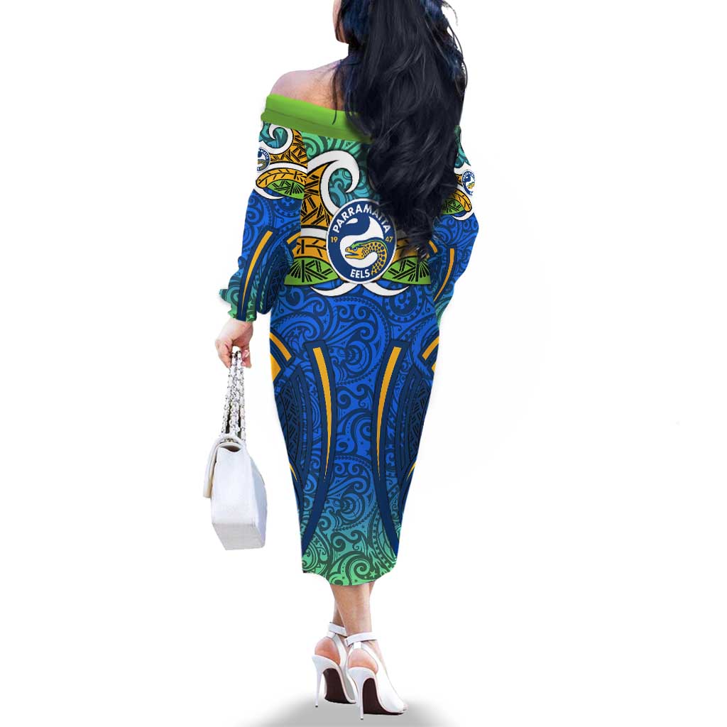Parramatta Eels Rugby Family Matching Off The Shoulder Long Sleeve Dress and Hawaiian Shirt Polynesian Tribal Eel Warrior Blue Gold Pattern