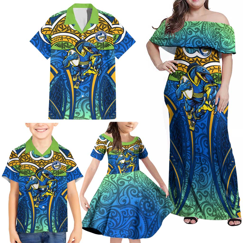 Parramatta Eels Rugby Family Matching Off Shoulder Maxi Dress and Hawaiian Shirt Polynesian Tribal Eel Warrior Blue Gold Pattern
