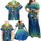 Parramatta Eels Rugby Family Matching Off Shoulder Maxi Dress and Hawaiian Shirt Polynesian Tribal Eel Warrior Blue Gold Pattern