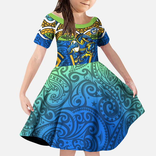 Parramatta Eels Rugby Family Matching Off Shoulder Maxi Dress and Hawaiian Shirt Polynesian Tribal Eel Warrior Blue Gold Pattern