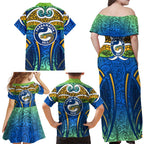 Parramatta Eels Rugby Family Matching Off Shoulder Maxi Dress and Hawaiian Shirt Polynesian Tribal Eel Warrior Blue Gold Pattern