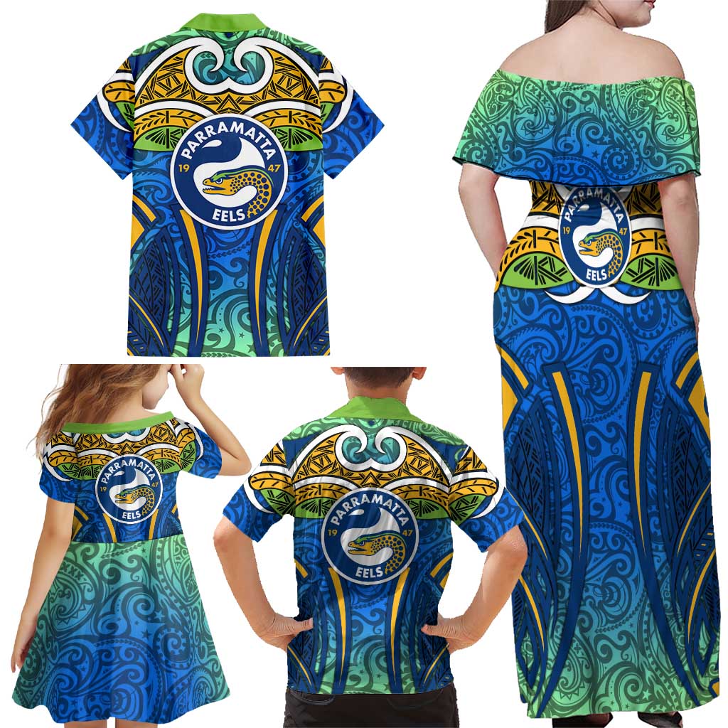 Parramatta Eels Rugby Family Matching Off Shoulder Maxi Dress and Hawaiian Shirt Polynesian Tribal Eel Warrior Blue Gold Pattern