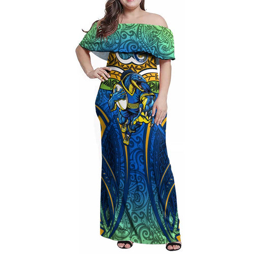 Parramatta Eels Rugby Family Matching Off Shoulder Maxi Dress and Hawaiian Shirt Polynesian Tribal Eel Warrior Blue Gold Pattern