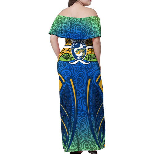 Parramatta Eels Rugby Family Matching Off Shoulder Maxi Dress and Hawaiian Shirt Polynesian Tribal Eel Warrior Blue Gold Pattern