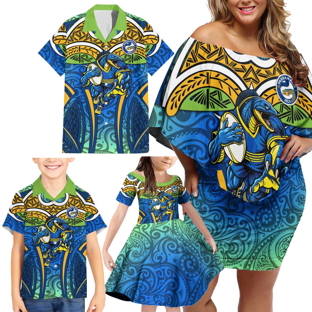 Parramatta Eels Rugby Family Matching Off Shoulder Short Dress and Hawaiian Shirt Polynesian Tribal Eel Warrior Blue Gold Pattern
