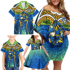 Parramatta Eels Rugby Family Matching Off Shoulder Short Dress and Hawaiian Shirt Polynesian Tribal Eel Warrior Blue Gold Pattern