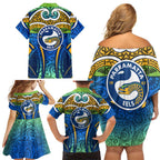 Parramatta Eels Rugby Family Matching Off Shoulder Short Dress and Hawaiian Shirt Polynesian Tribal Eel Warrior Blue Gold Pattern