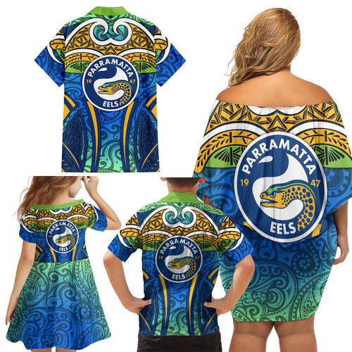 Parramatta Eels Rugby Family Matching Off Shoulder Short Dress and Hawaiian Shirt Polynesian Tribal Eel Warrior Blue Gold Pattern