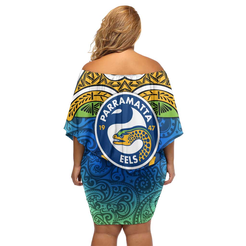 Parramatta Eels Rugby Family Matching Off Shoulder Short Dress and Hawaiian Shirt Polynesian Tribal Eel Warrior Blue Gold Pattern