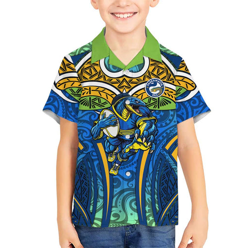 Parramatta Eels Rugby Family Matching Off Shoulder Short Dress and Hawaiian Shirt Polynesian Tribal Eel Warrior Blue Gold Pattern