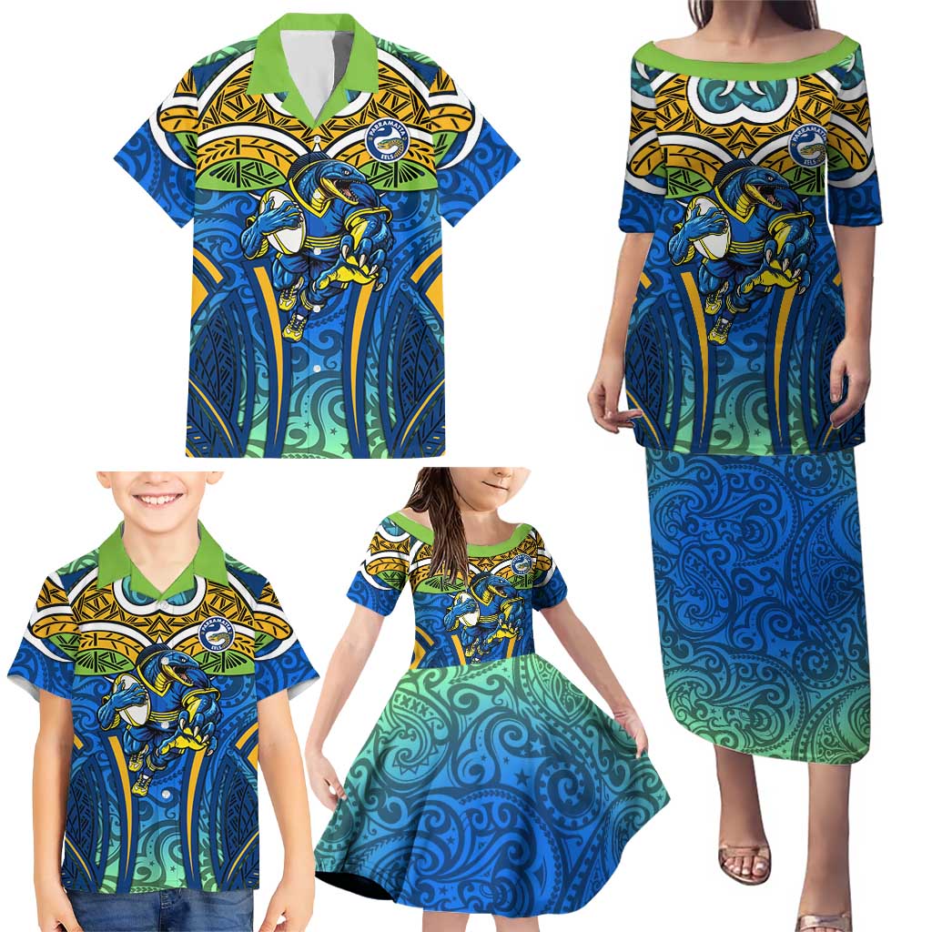 Parramatta Eels Rugby Family Matching Puletasi and Hawaiian Shirt Polynesian Tribal Eel Warrior Blue Gold Pattern
