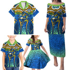 Parramatta Eels Rugby Family Matching Puletasi and Hawaiian Shirt Polynesian Tribal Eel Warrior Blue Gold Pattern