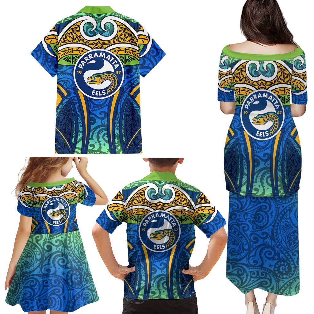 Parramatta Eels Rugby Family Matching Puletasi and Hawaiian Shirt Polynesian Tribal Eel Warrior Blue Gold Pattern
