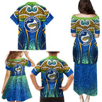Parramatta Eels Rugby Family Matching Puletasi and Hawaiian Shirt Polynesian Tribal Eel Warrior Blue Gold Pattern