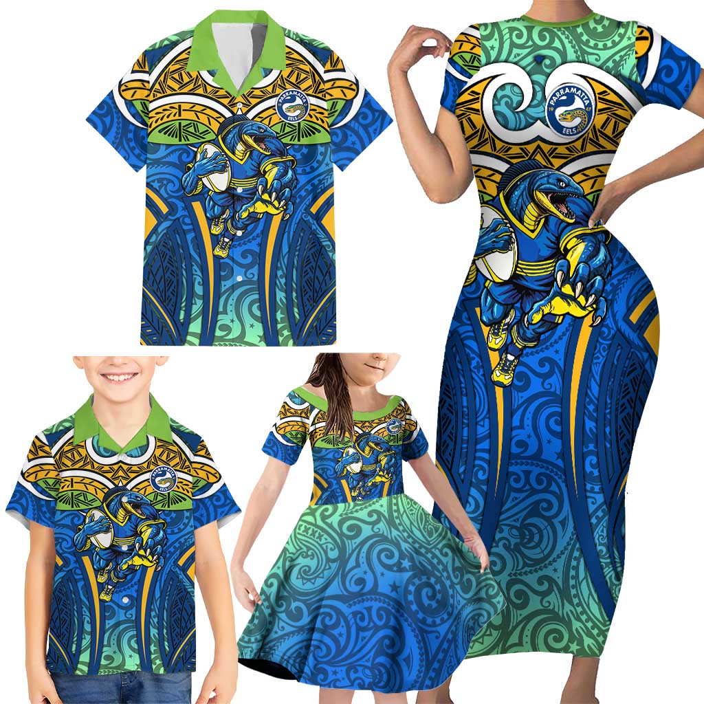 Parramatta Eels Rugby Family Matching Short Sleeve Bodycon Dress and Hawaiian Shirt Polynesian Tribal Eel Warrior Blue Gold Pattern