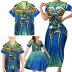 Parramatta Eels Rugby Family Matching Short Sleeve Bodycon Dress and Hawaiian Shirt Polynesian Tribal Eel Warrior Blue Gold Pattern