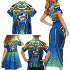 Parramatta Eels Rugby Family Matching Short Sleeve Bodycon Dress and Hawaiian Shirt Polynesian Tribal Eel Warrior Blue Gold Pattern
