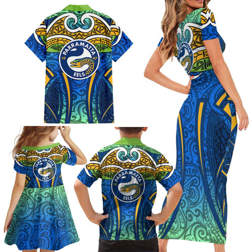 Parramatta Eels Rugby Family Matching Short Sleeve Bodycon Dress and Hawaiian Shirt Polynesian Tribal Eel Warrior Blue Gold Pattern