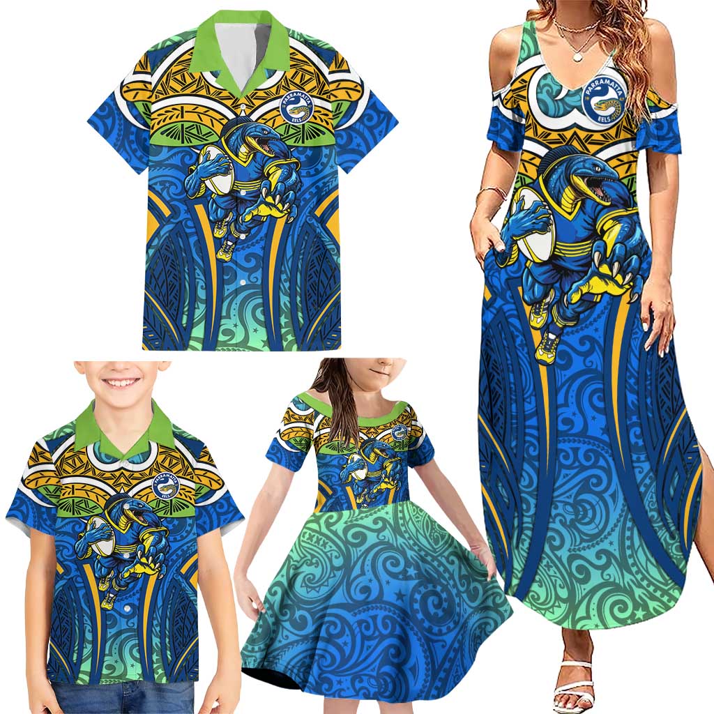 Parramatta Eels Rugby Family Matching Summer Maxi Dress and Hawaiian Shirt Polynesian Tribal Eel Warrior Blue Gold Pattern