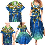 Parramatta Eels Rugby Family Matching Summer Maxi Dress and Hawaiian Shirt Polynesian Tribal Eel Warrior Blue Gold Pattern