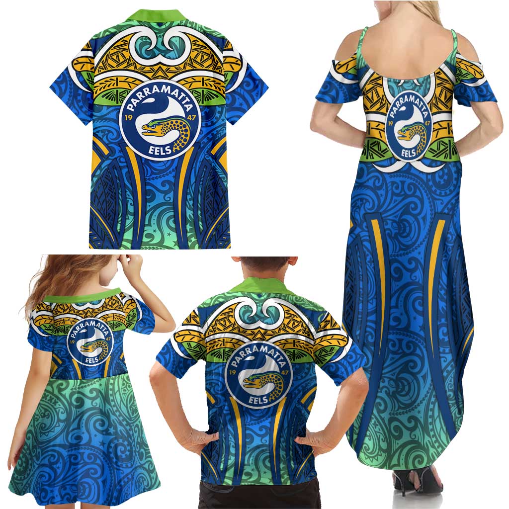 Parramatta Eels Rugby Family Matching Summer Maxi Dress and Hawaiian Shirt Polynesian Tribal Eel Warrior Blue Gold Pattern