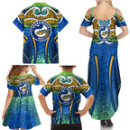 Parramatta Eels Rugby Family Matching Summer Maxi Dress and Hawaiian Shirt Polynesian Tribal Eel Warrior Blue Gold Pattern