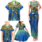 Parramatta Eels Rugby Family Matching Tank Maxi Dress and Hawaiian Shirt Polynesian Tribal Eel Warrior Blue Gold Pattern