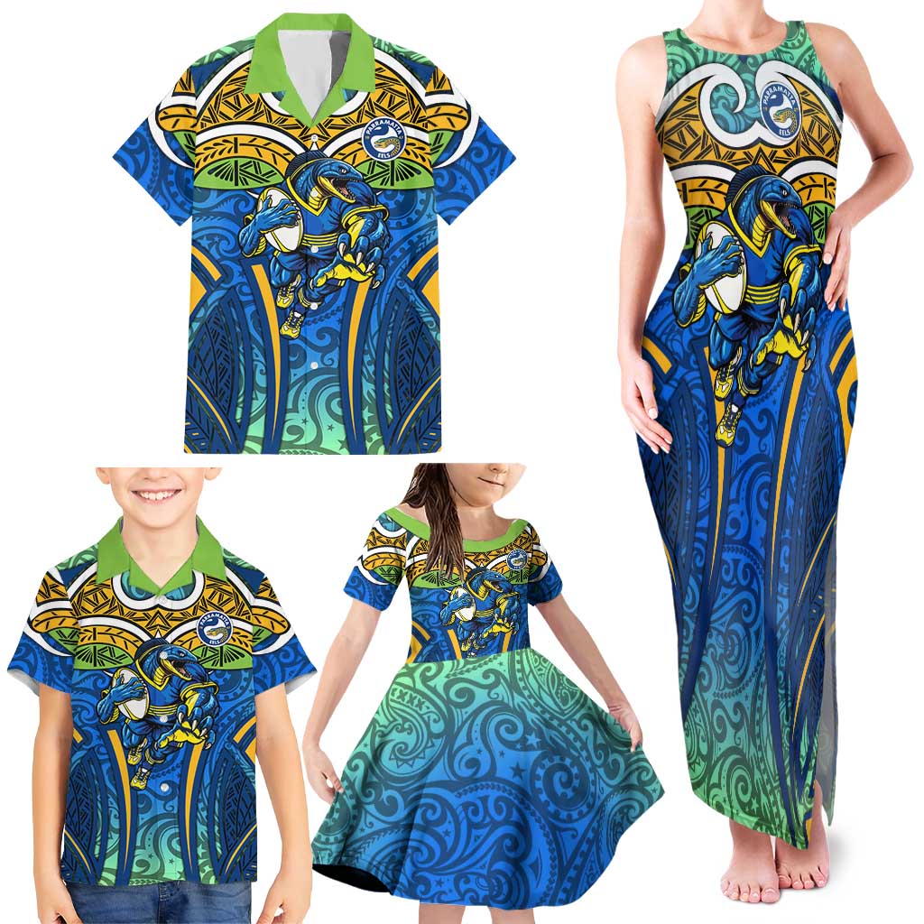 Parramatta Eels Rugby Family Matching Tank Maxi Dress and Hawaiian Shirt Polynesian Tribal Eel Warrior Blue Gold Pattern