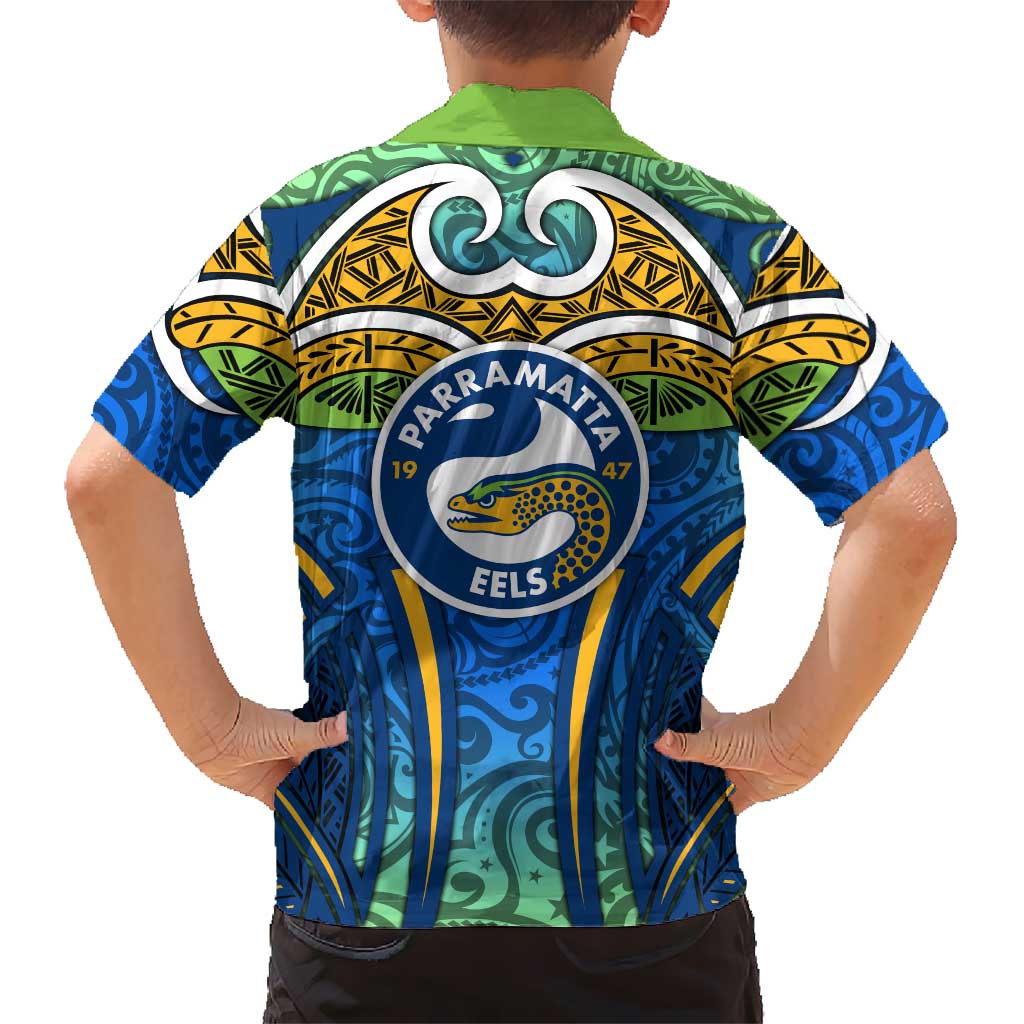 Parramatta Eels Rugby Family Matching Tank Maxi Dress and Hawaiian Shirt Polynesian Tribal Eel Warrior Blue Gold Pattern