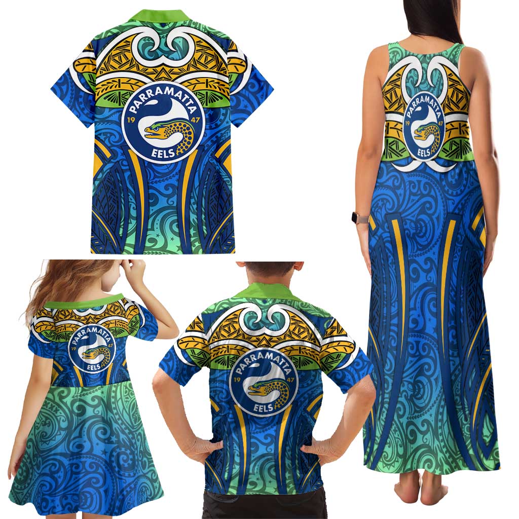 Parramatta Eels Rugby Family Matching Tank Maxi Dress and Hawaiian Shirt Polynesian Tribal Eel Warrior Blue Gold Pattern