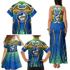 Parramatta Eels Rugby Family Matching Tank Maxi Dress and Hawaiian Shirt Polynesian Tribal Eel Warrior Blue Gold Pattern