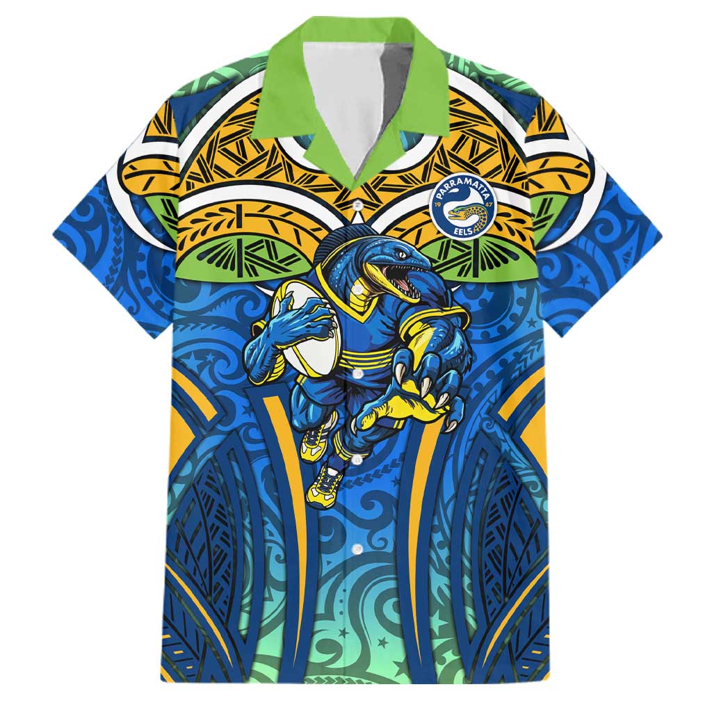 Parramatta Eels Rugby Family Matching Tank Maxi Dress and Hawaiian Shirt Polynesian Tribal Eel Warrior Blue Gold Pattern