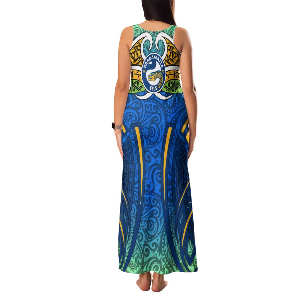 Parramatta Eels Rugby Family Matching Tank Maxi Dress and Hawaiian Shirt Polynesian Tribal Eel Warrior Blue Gold Pattern