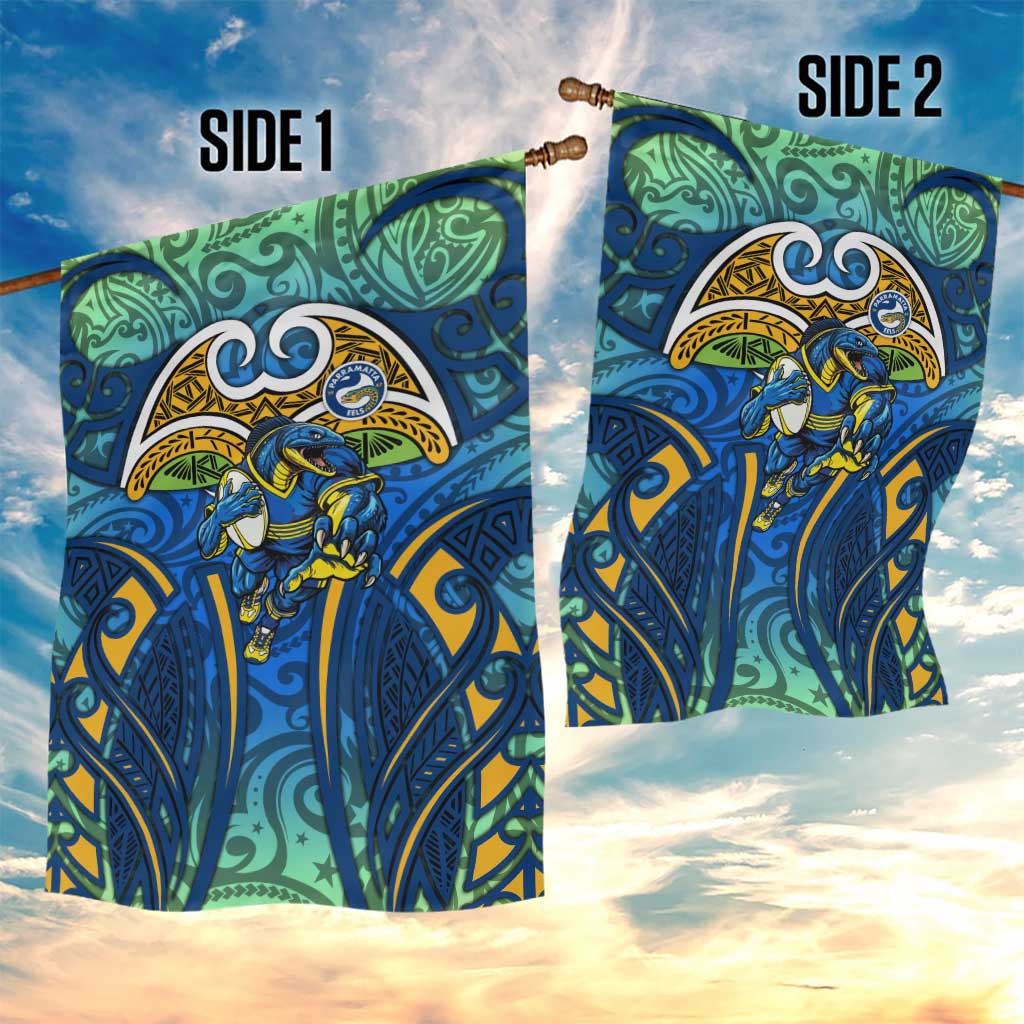Parramatta Eels Rugby Garden Flag Polynesian Tribal Eel Warrior Blue Gold Pattern