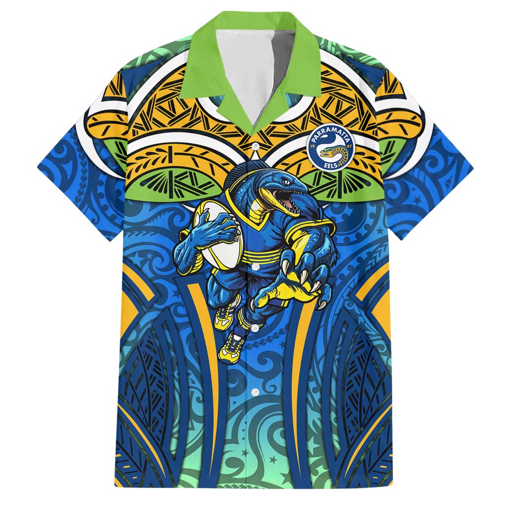 Parramatta Eels Rugby Hawaiian Shirt Polynesian Tribal Eel Warrior Blue Gold Pattern