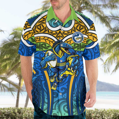 Parramatta Eels Rugby Hawaiian Shirt Polynesian Tribal Eel Warrior Blue Gold Pattern
