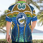 Parramatta Eels Rugby Hawaiian Shirt Polynesian Tribal Eel Warrior Blue Gold Pattern