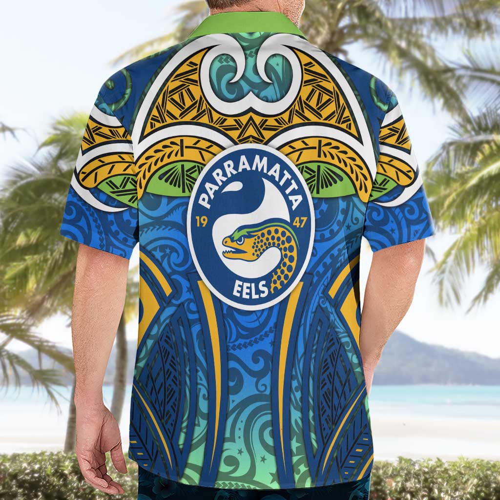 Parramatta Eels Rugby Hawaiian Shirt Polynesian Tribal Eel Warrior Blue Gold Pattern