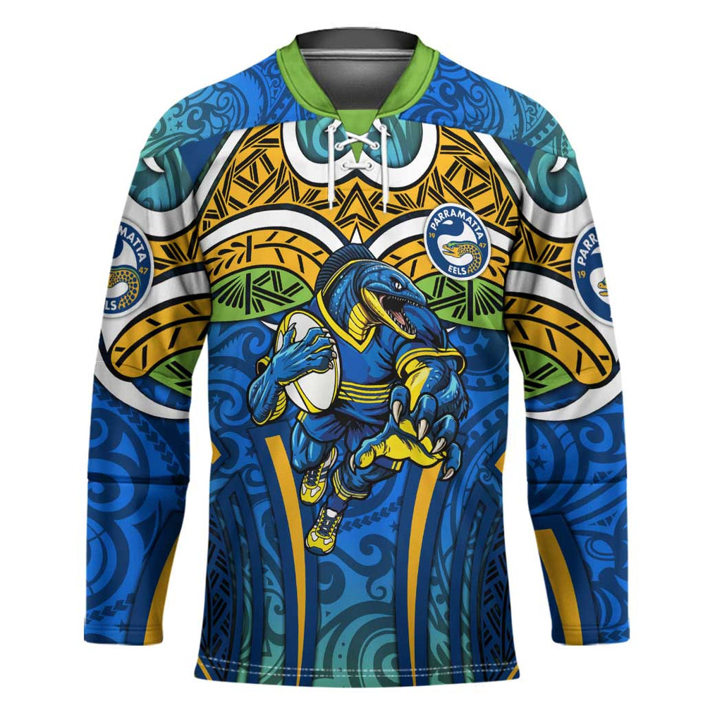 Parramatta Eels Rugby Hockey Jersey Polynesian Tribal Eel Warrior Blue Gold Pattern
