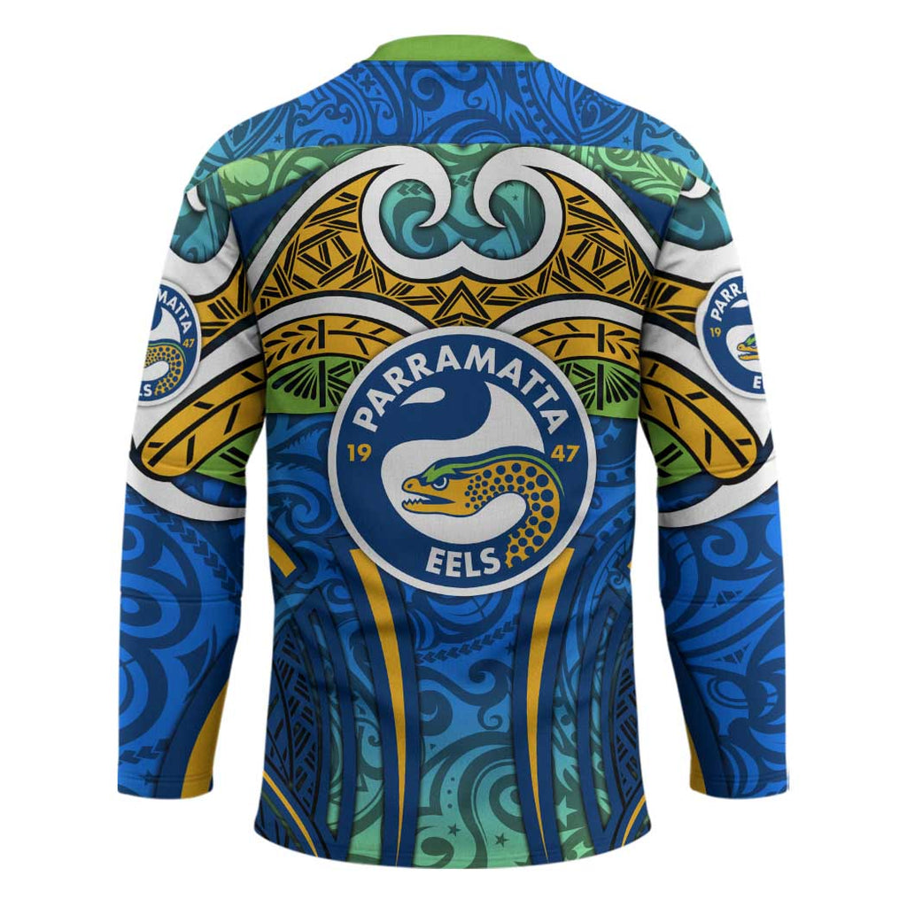 Parramatta Eels Rugby Hockey Jersey Polynesian Tribal Eel Warrior Blue Gold Pattern