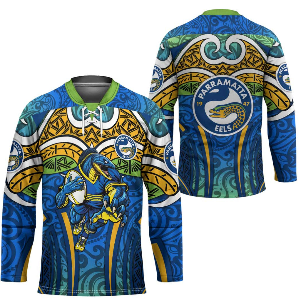 Parramatta Eels Rugby Hockey Jersey Polynesian Tribal Eel Warrior Blue Gold Pattern