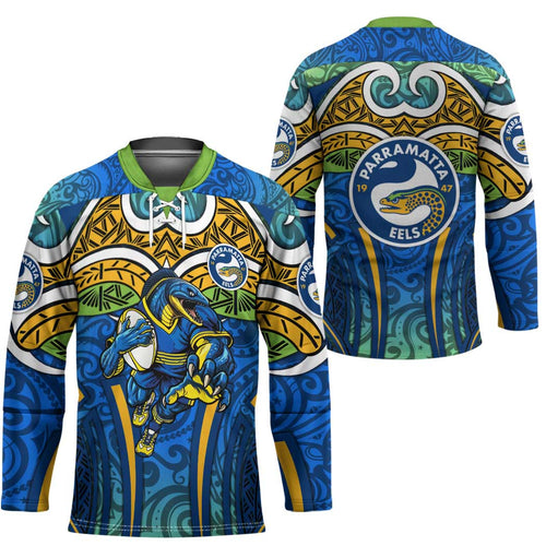 Parramatta Eels Rugby Hockey Jersey Polynesian Tribal Eel Warrior Blue Gold Pattern
