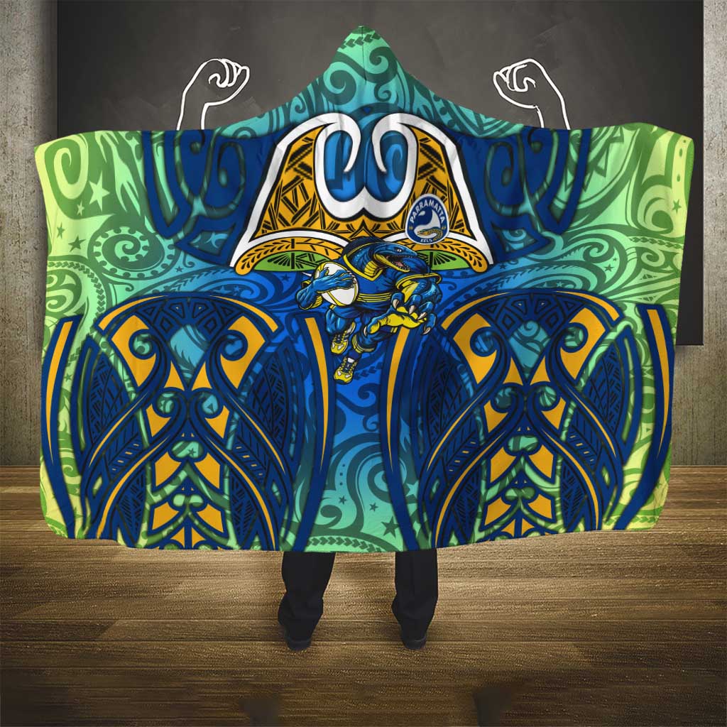 Parramatta Eels Rugby Hooded Blanket Polynesian Tribal Eel Warrior Blue Gold Pattern