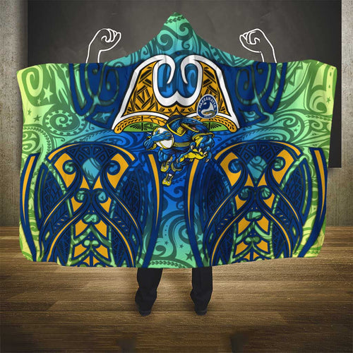 Parramatta Eels Rugby Hooded Blanket Polynesian Tribal Eel Warrior Blue Gold Pattern