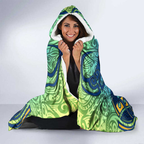 Parramatta Eels Rugby Hooded Blanket Polynesian Tribal Eel Warrior Blue Gold Pattern