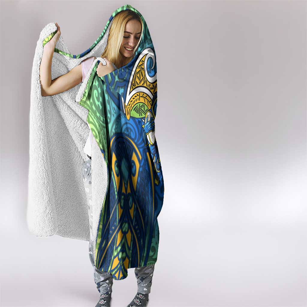Parramatta Eels Rugby Hooded Blanket Polynesian Tribal Eel Warrior Blue Gold Pattern