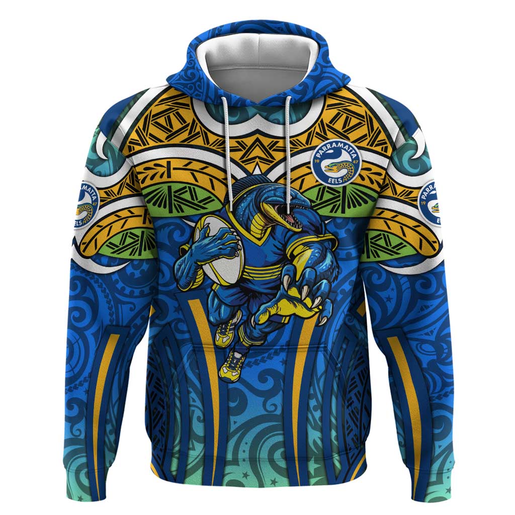 Parramatta Eels Rugby Hoodie Polynesian Tribal Eel Warrior Blue Gold Pattern