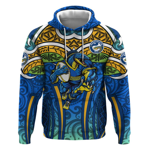 Parramatta Eels Rugby Hoodie Polynesian Tribal Eel Warrior Blue Gold Pattern