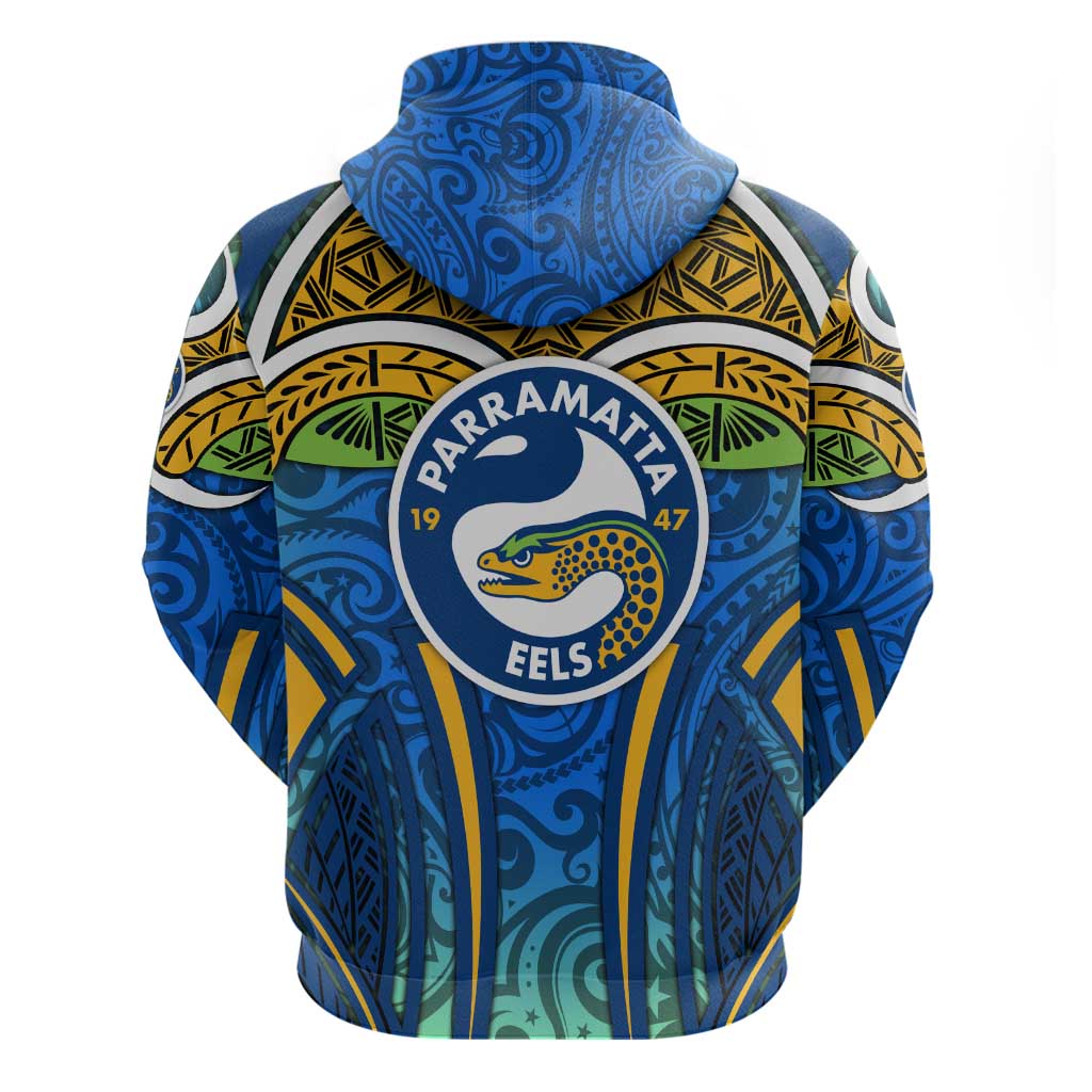 Parramatta Eels Rugby Hoodie Polynesian Tribal Eel Warrior Blue Gold Pattern